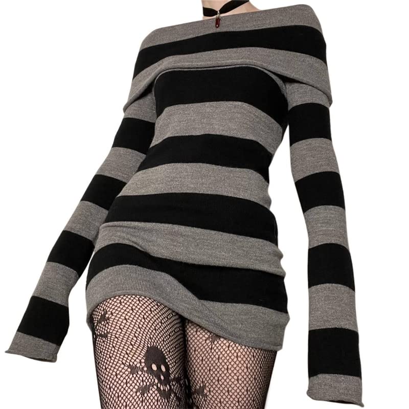 SOLILOQUY Women Gothic Dress Punk Witch Off Shoulder Striped Knit Dress Y2k Fairy Grunge Dress Halloween Dark Academia Clothes