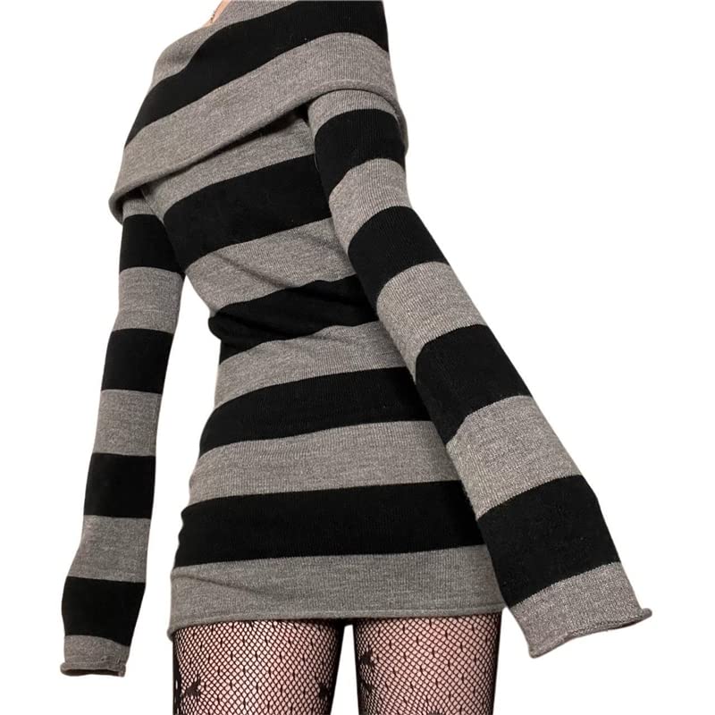 SOLILOQUY Women Gothic Dress Punk Witch Off Shoulder Striped Knit Dress Y2k Fairy Grunge Dress Halloween Dark Academia Clothes