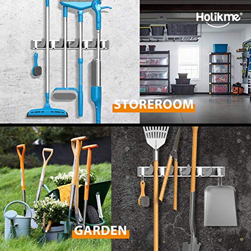 Holikme Mop Broom Holder Wall Mount Metal Pantry Organization and Storage Garden Kitchen Tool Organizer Wall Hanger for Home Goods (4 Positions with 4 Hooks, Silver)